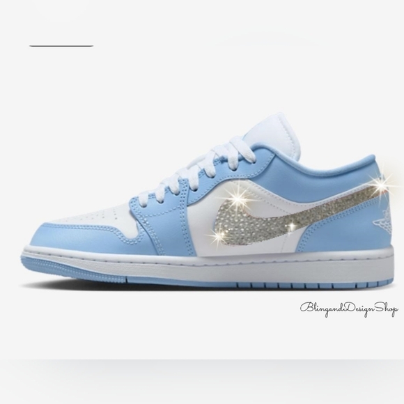 Bling Nike Air Jordan 1 Low Blue White Women's Sneakers Customized With Crystals - Picture 1 of 5